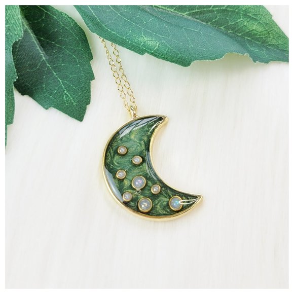 Crescent Moon Pendant Necklace Metallic Forest Green and Gold Handmade Necklace - Picture 9 of 10